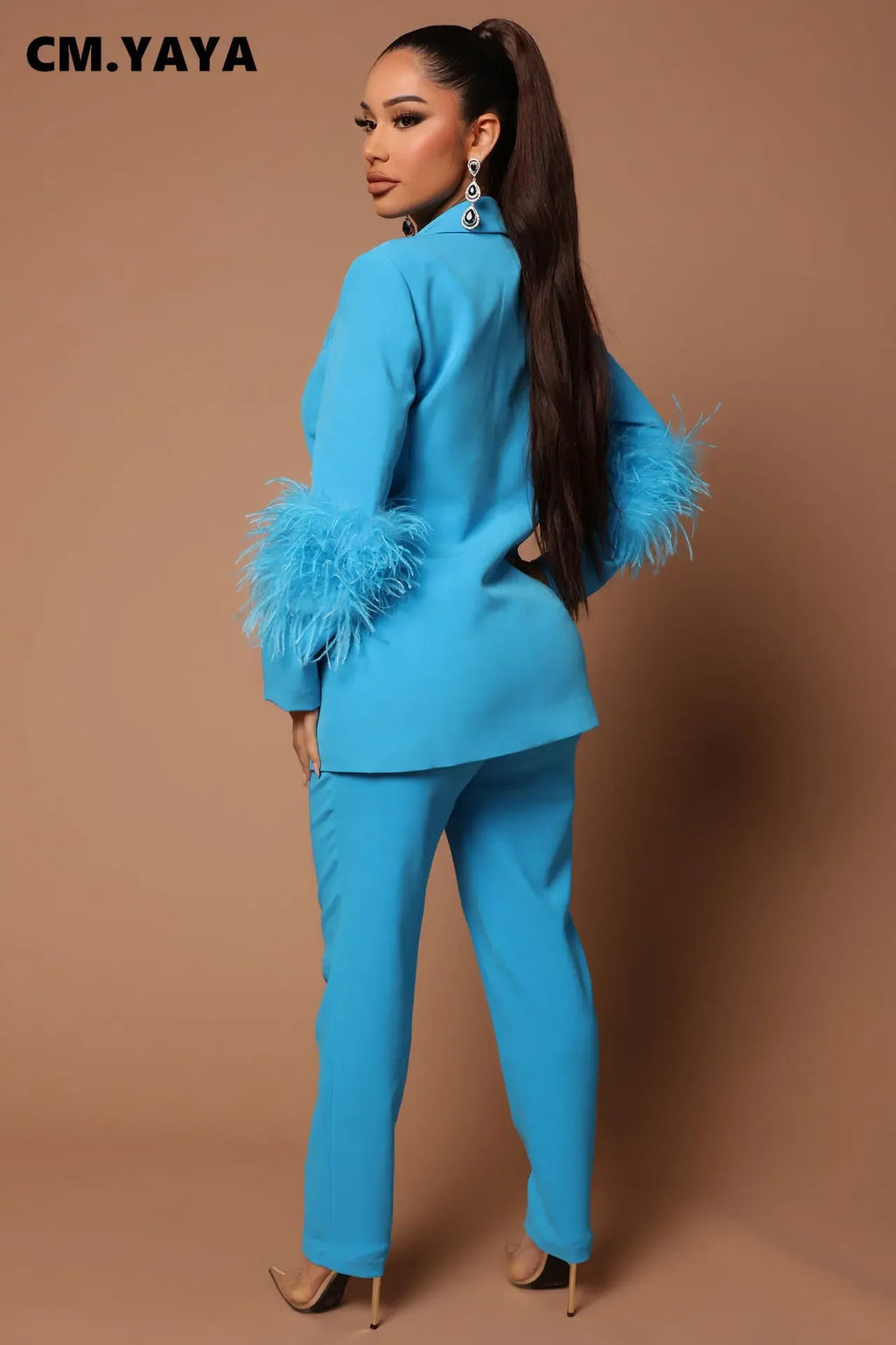 CM.YAYA Vintage Women Fur Hem Long Sleeve Blazer Suit and Pants 2023 Chic OL Fashion Two 2 Piece Set Outfits Basic Tracksuit
