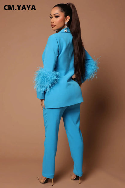 CM.YAYA Vintage Women Fur Hem Long Sleeve Blazer Suit and Pants  Chic OL Fashion Two 2 Piece Set Outfits Basic Tracksuit