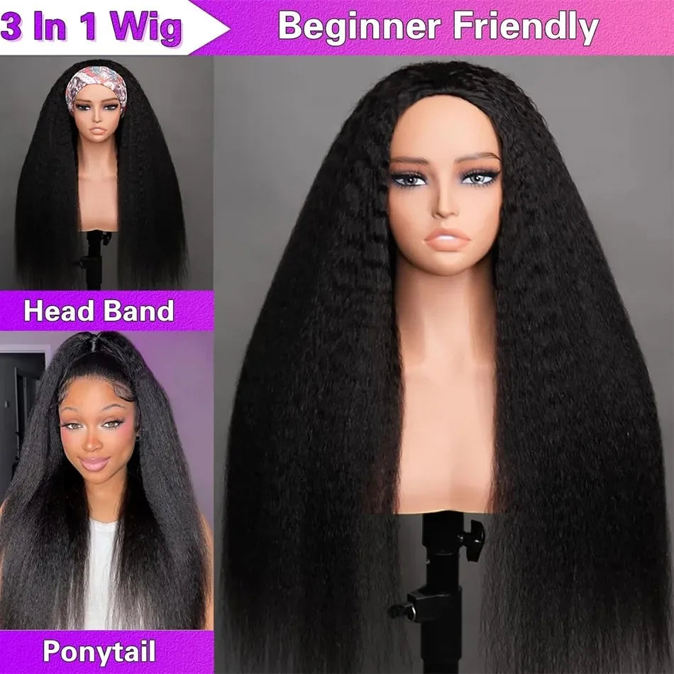 250 Density Kinky Straight Half Wigs Human Hair Flip Over Gluless 3 In 1 Half Wig With Drawstring 40 Inch Wear And Go For Women