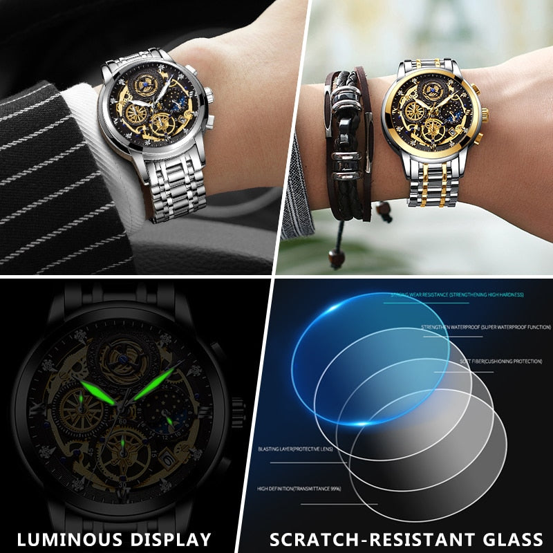 WISHDOIT Original Watch for Men&#39;s Waterproof Stainless Steel Quartz Analog Fashion Business Sun Moon Star Wristwatches Top Brand