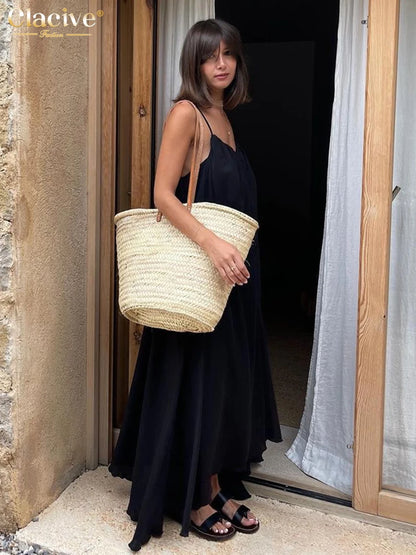 Clacive Summer Loose Black Women'S Dress  Fashion Strap Sleeveless Ankle-Length Dresses Elegant Backless Female Sundress