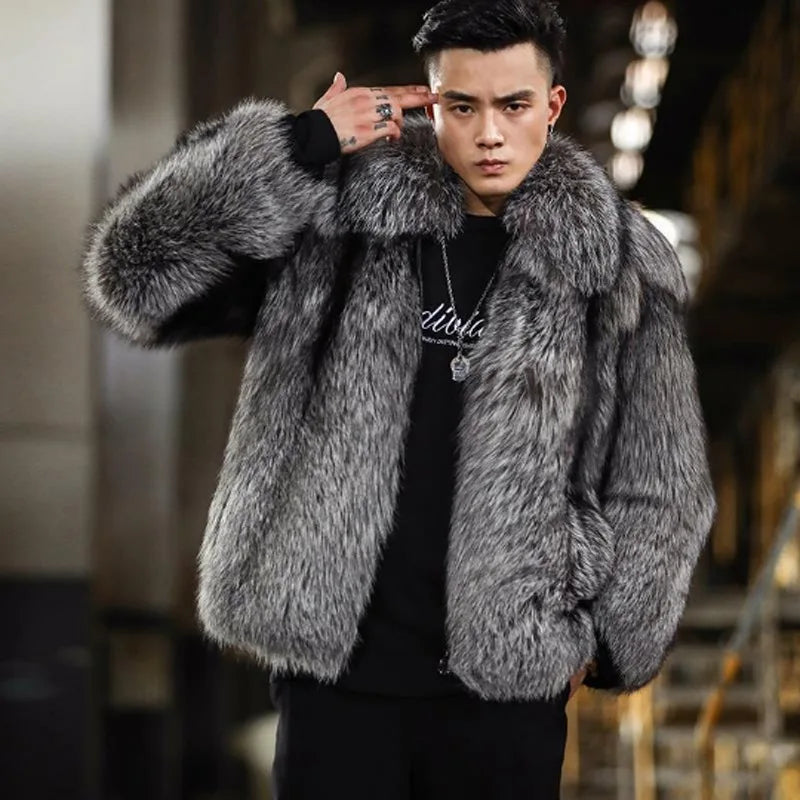 S-6XL Size Fashion Men's Faux Fur Jacket New Fox Fur Short Style Autumn Winter Warm Gray Men's Leather Coat Casual Parkas