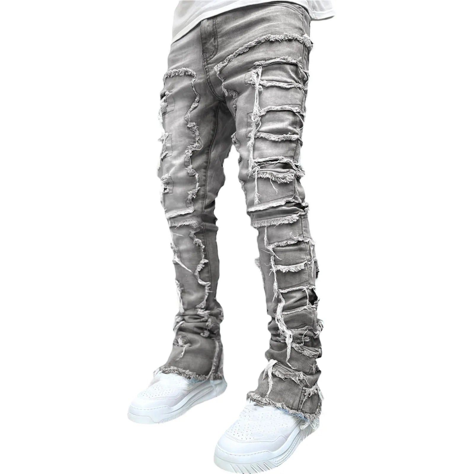 New Fashion Stretch Jeans Man Stacked Jeans Elastic Waist Straight Fit Patchworks Denim Long Pants Fringe Ripped Jeans For Men