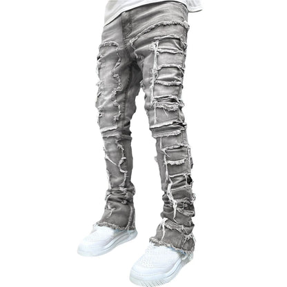 New Fashion Stretch Jeans Man Stacked Jeans Elastic Waist Straight Fit Patchworks Denim Long Pants Fringe Ripped Jeans For Men