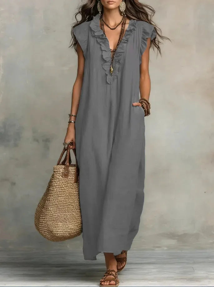 Women's Retro Bohemian Ruffle Linen Maxi Dress, Ruffle V-Neck Sleeveless Loose Summer Dress with Pockets, Summer Casual High-Waist Loose Beach Maxi Dress, Sunny Dress with Flutter Sleeves and Floor-Length Skirt