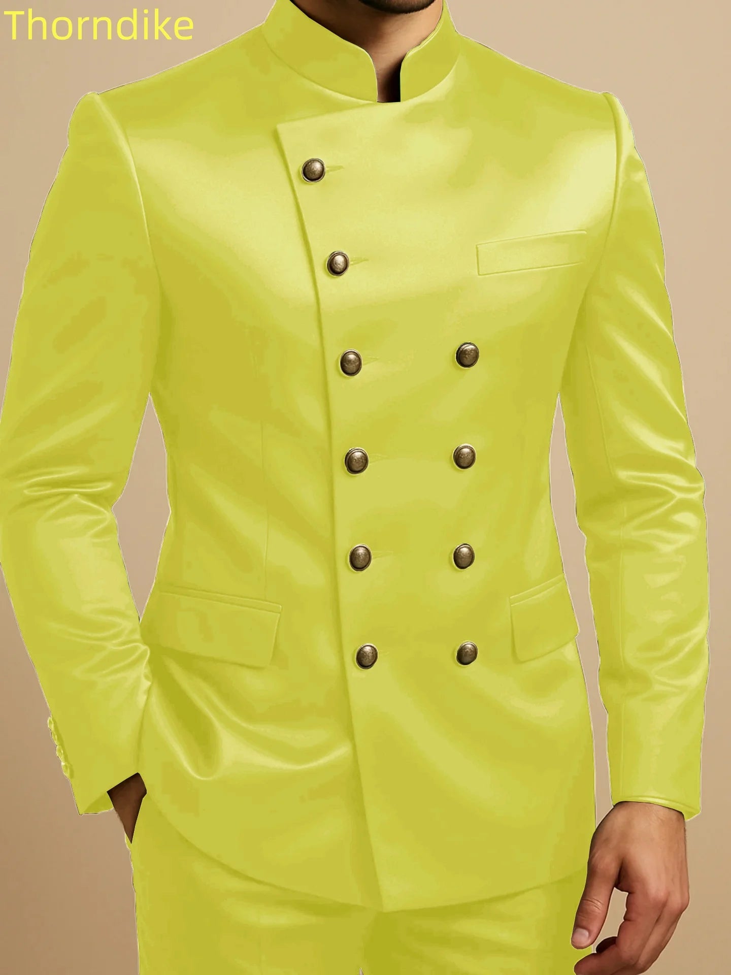 Thorndike Affrica Style Casual Stand Collar Satin Double Breasted Jacket Pants Business Men Suit Elegant Groom Wedding Suits