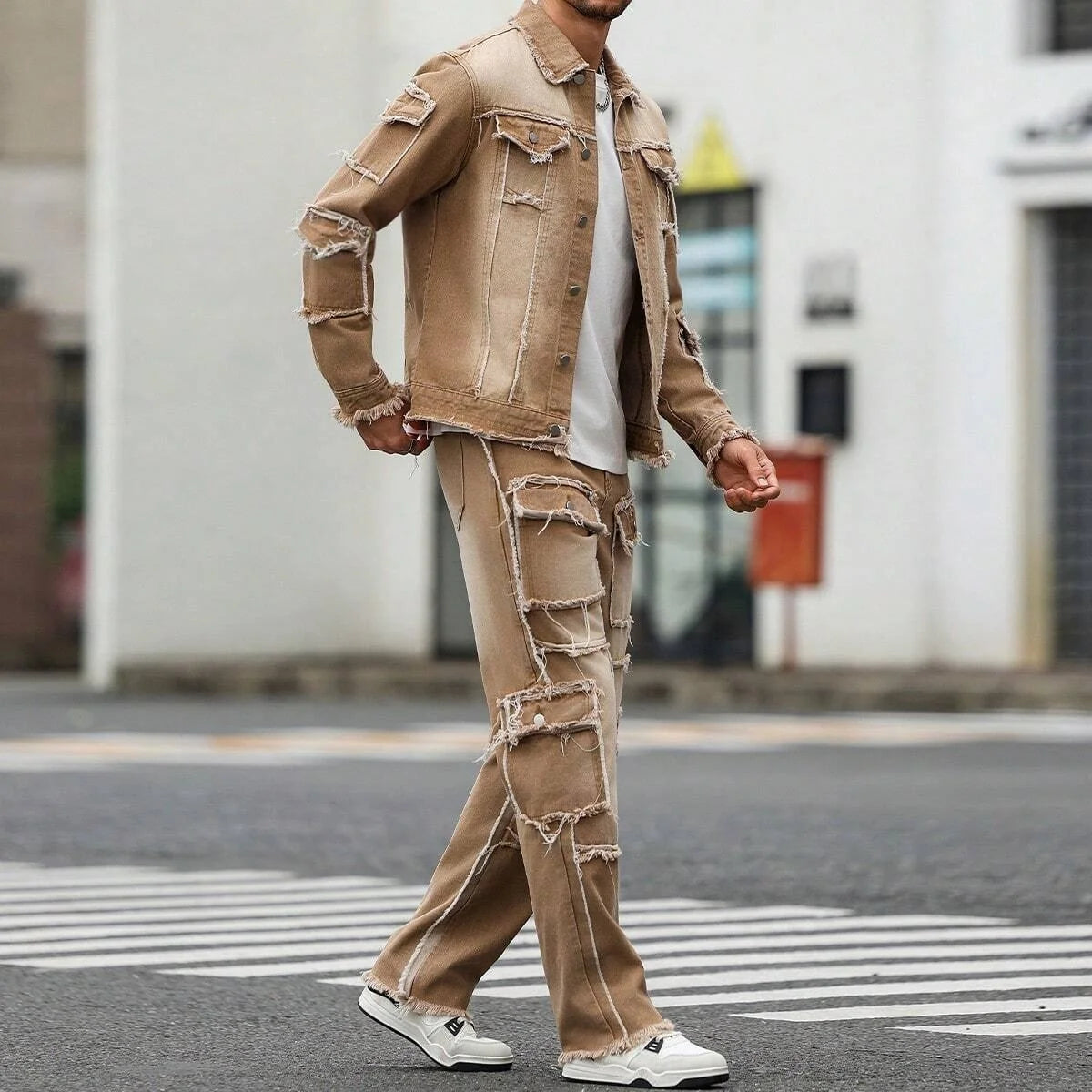 Men's Distressed Patchwork Denim Set - Khaki Washed Frayed Jacket & Wide Leg Jeans Streetwear