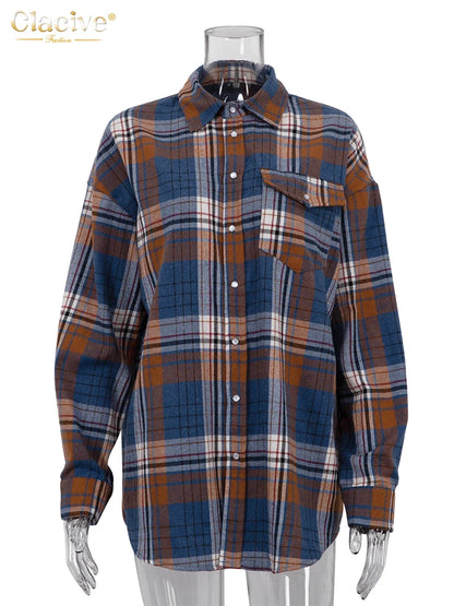 Clacive Fashion Loose Plaid Women'S Blouse  Elegant Lapel Long Sleeve Office Shirts And Blouses Vintage Oversize Top Female
