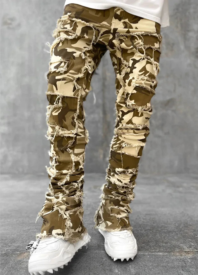 New European Camo Pants Men High Street Slim Fit Stretch Patched Denim Ripped Male's Stacked Jeans