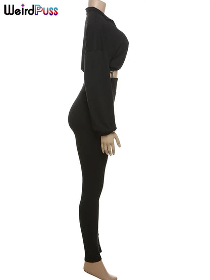 Weird Puss  Autumn Women 2 Piece Set Casual Tracksuit Zipper Thin Drawstring Jacket+Leggings Matching Streetwear Sporty Suit