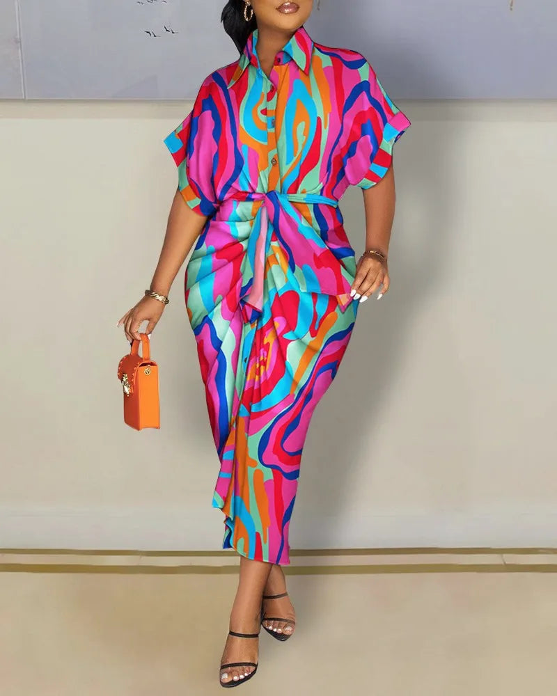 Women Boho Shirt Dress Summer Turn-down Collar Single Breasted Button Irregular Long Dress Female Sexy Letter Print Maxi Dresses