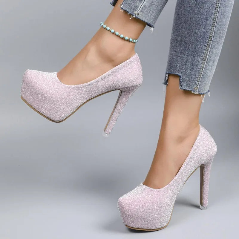 Fashion Women High Heels Modern Ladies Party Shoes Platform Super High Heels 12cm Black Silver Pink Bling Shoes D367