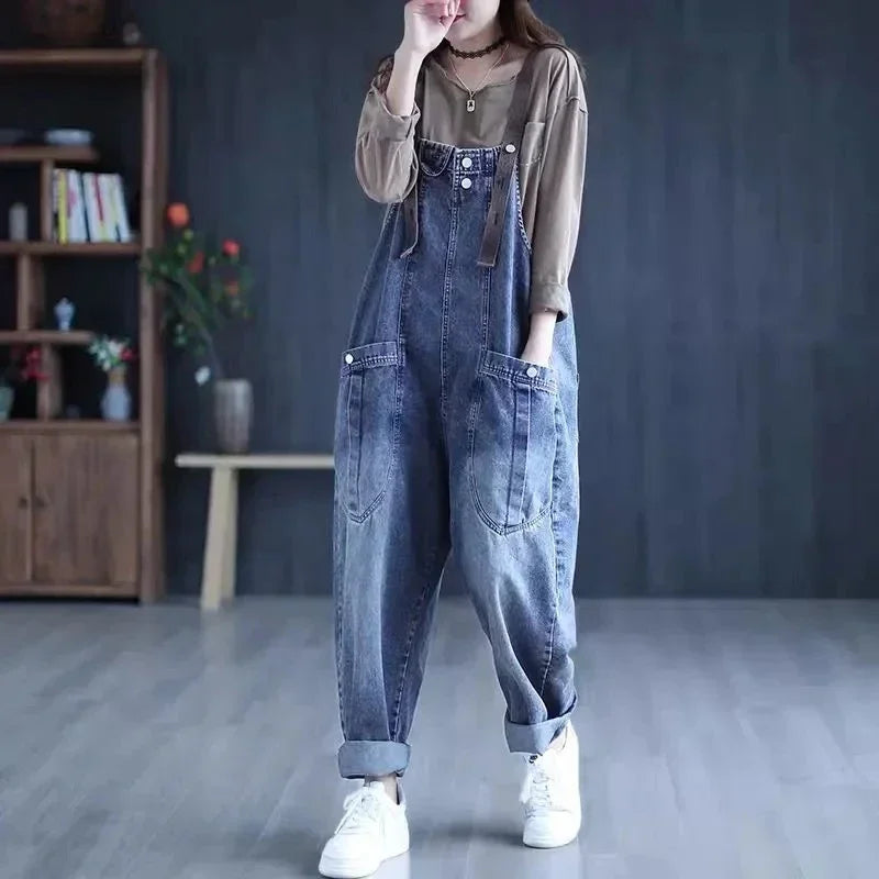 Jumpsuit Women Jeans Rompers New Retro Big Pocket Loose Denim Overalls Fashion Large Size Wide-leg Pants Drop Shipping