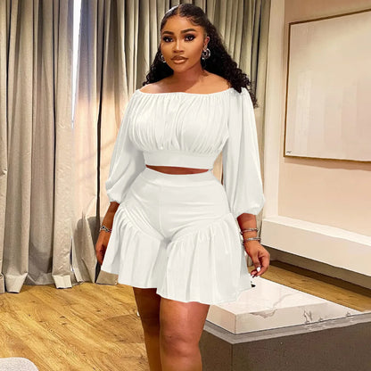 CM.YAYA Plus Size Women's Set Long Sleeve Slash Neck T-Shirt and Shorts  Summer Ruched Two 2 Piece Set Outfits Tracksuit