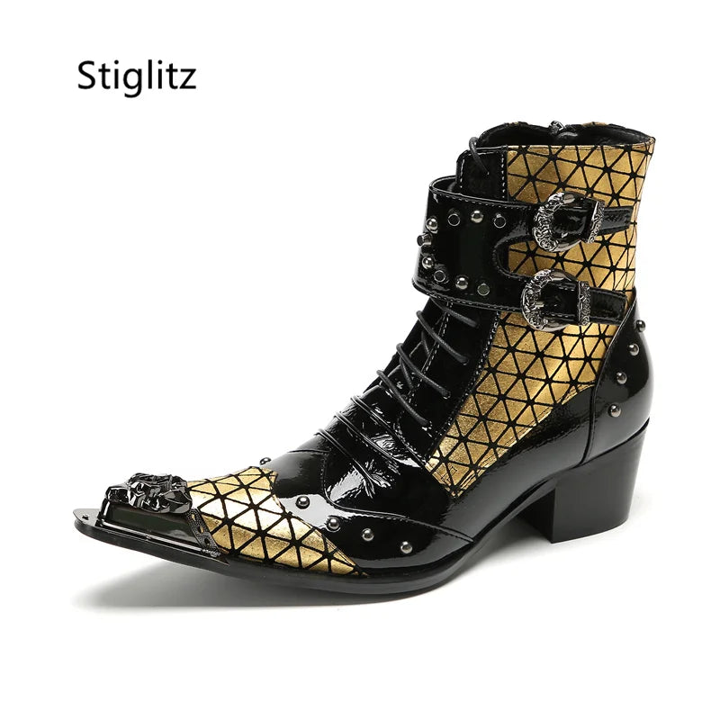 Black Gold Mixed Colors Patent Leather Ankle Boots for Men Metal Pointed Toe Double Buckle Men's Boots Lace Up Chelsea Shoes