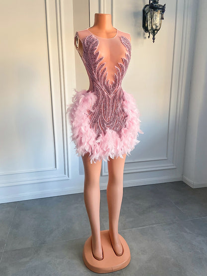 Luxury Sheer Neckline Women Cocktail Dress Pink Feather Black Girl Short Prom Dresses  For Birthday Party