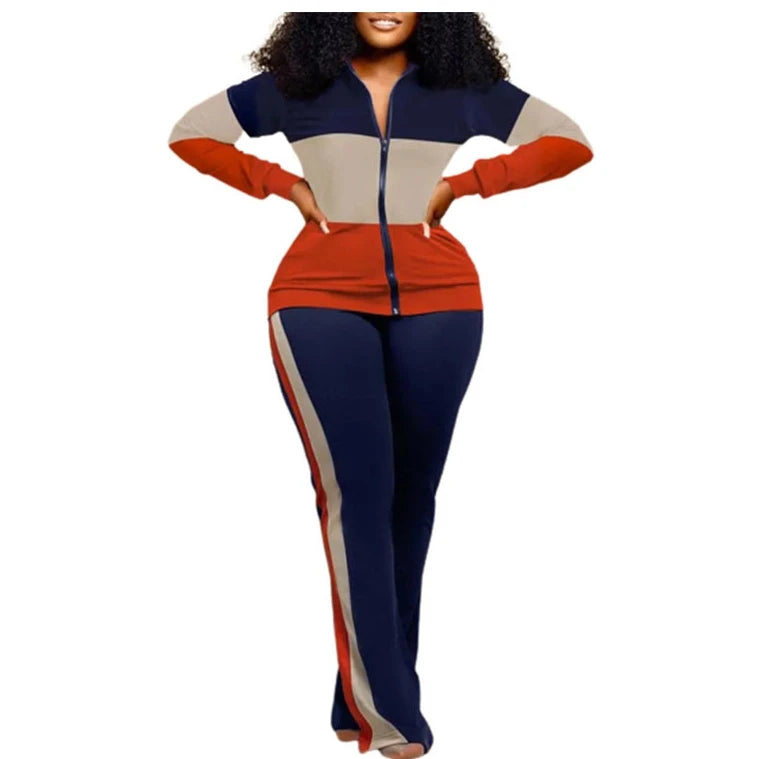 Women Long Sleeve Spliced Zipper Top + Ankle-Length Pants 2 Pieces Set Autumn Winter New Street Fashion Casual Sporty Outfits