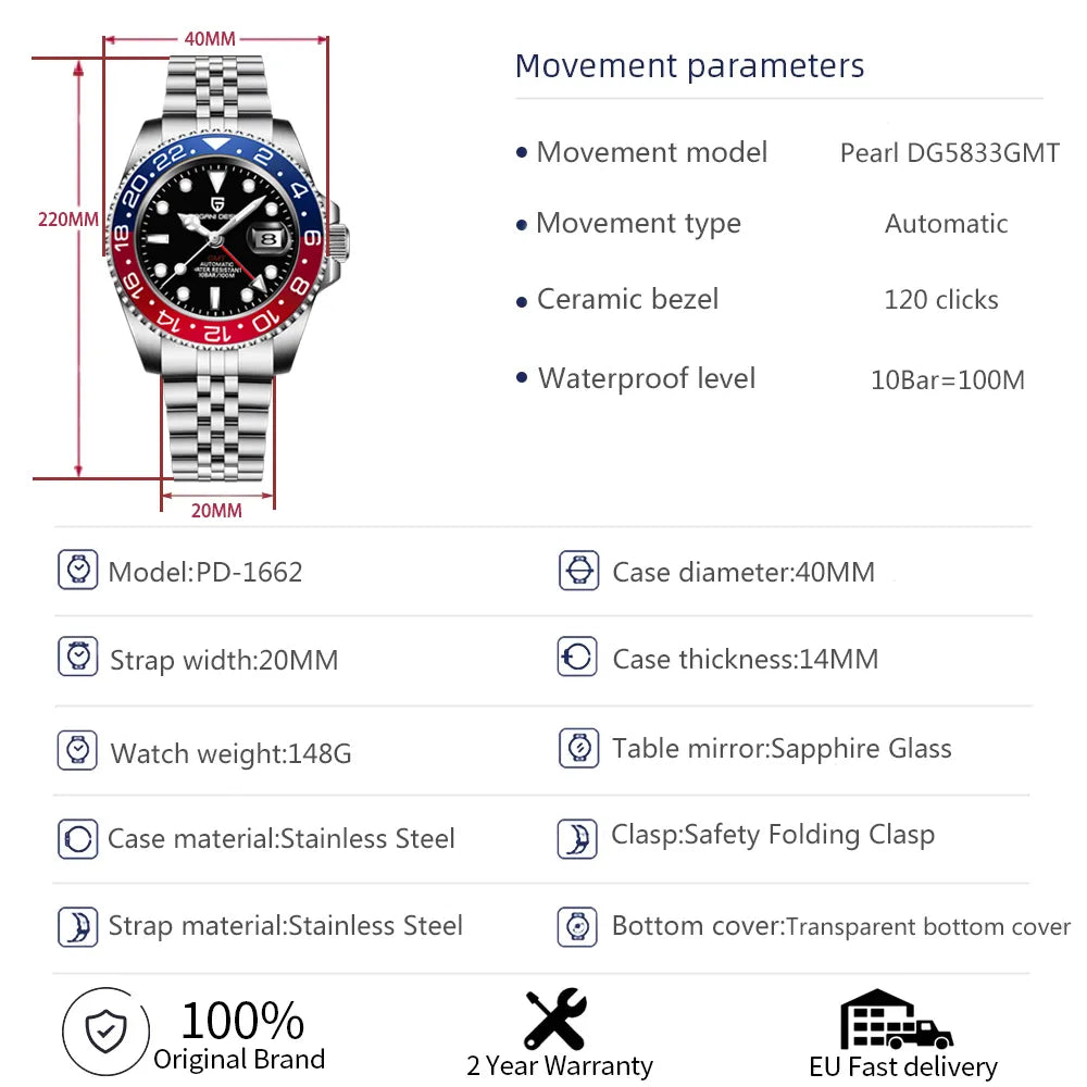 PAGANI DESIGN Top Brand GMT Men Mechanical Wristwatch Sapphire Stainless Steel Waterproof Automatic Watch for Men Reloj Hombre