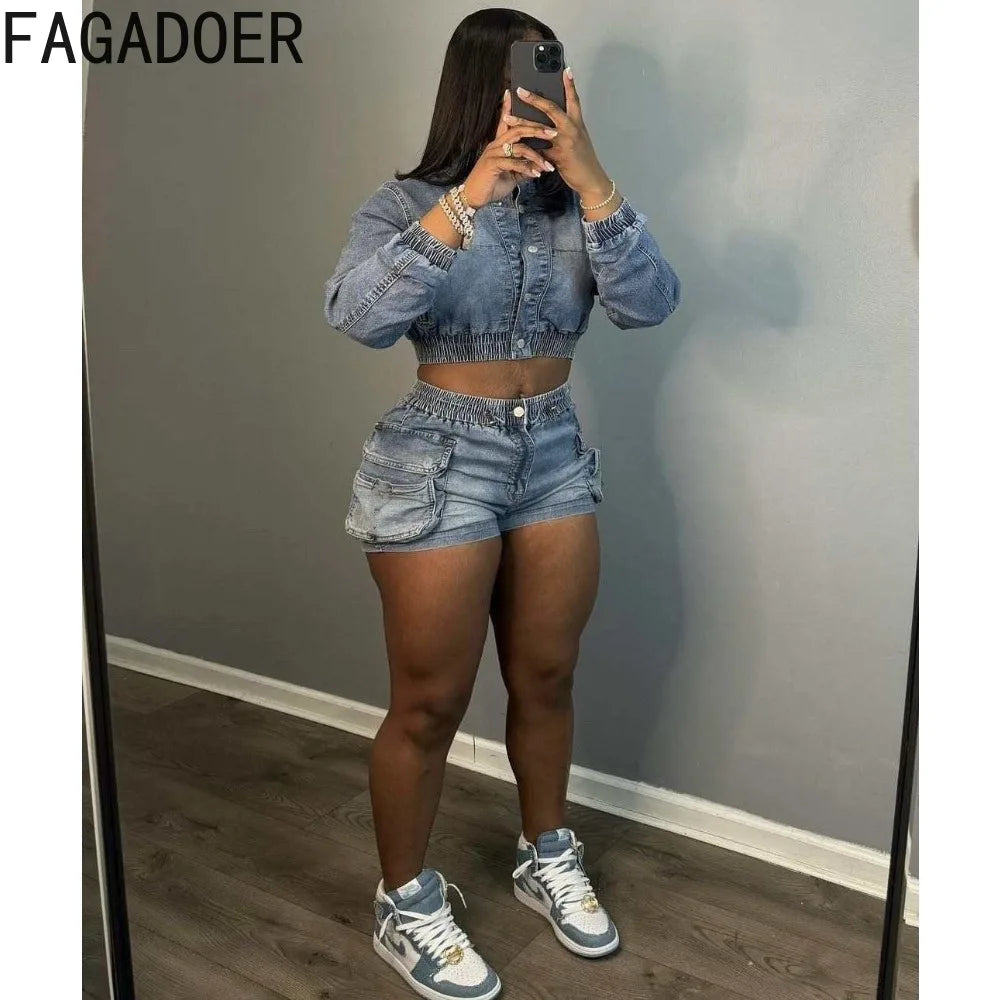 FAGADOER Fashion Denim Elastic Pocket Shorts Two Piece Sets Women Button Long Sleeve Crop Top And Shorts Outfits Female Clothing
