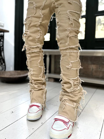 New Fashion Stretch Jeans Man Stacked Jeans Elastic Waist Straight Fit Patchworks Denim Long Pants Fringe Ripped Jeans For Men