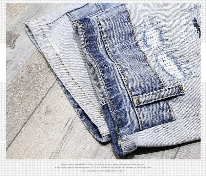 2025 Mens Distressed Denim Shorts Summer Washed Ripped Patchwork Paint Splatter Slim Fit Five Inch Jeans Y2K Vintage Hip Hop Fas