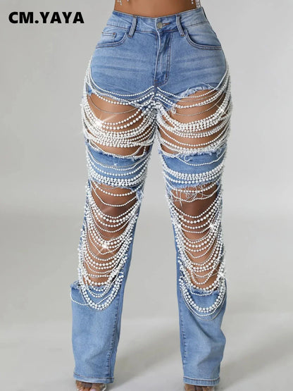 CM.YAYA Women Fashion Pearl Beading Ripped Hollow Out Tassel Wide Leg Jeans  New Summer INS Street Denim Pants Trousers