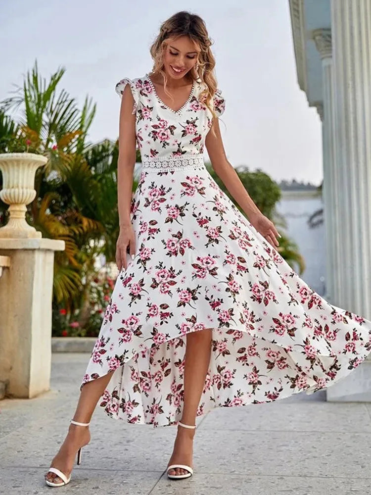 Fashion Casual Women Little Floral Print Dress Lace Collar Irregular Waist Wooden Ear Edge Dress Female Elegant Dress On sale