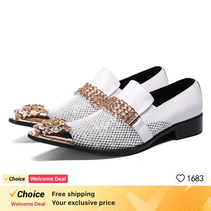 new arrival red genuine leather pointed toe metal tip crystal  handmade men leather dress shoes fashion hairdresser shoes