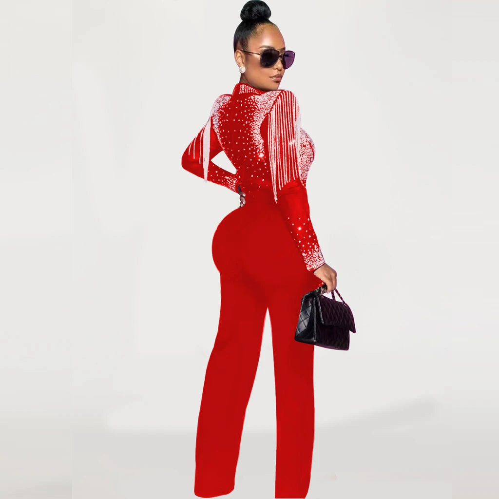 Women's Stage Dinner Jumpsuit Solid Color High Collar Hot Diamond Mesh Shoulder Cotton Long Sleeved Straight Tube Party Jumpsuit