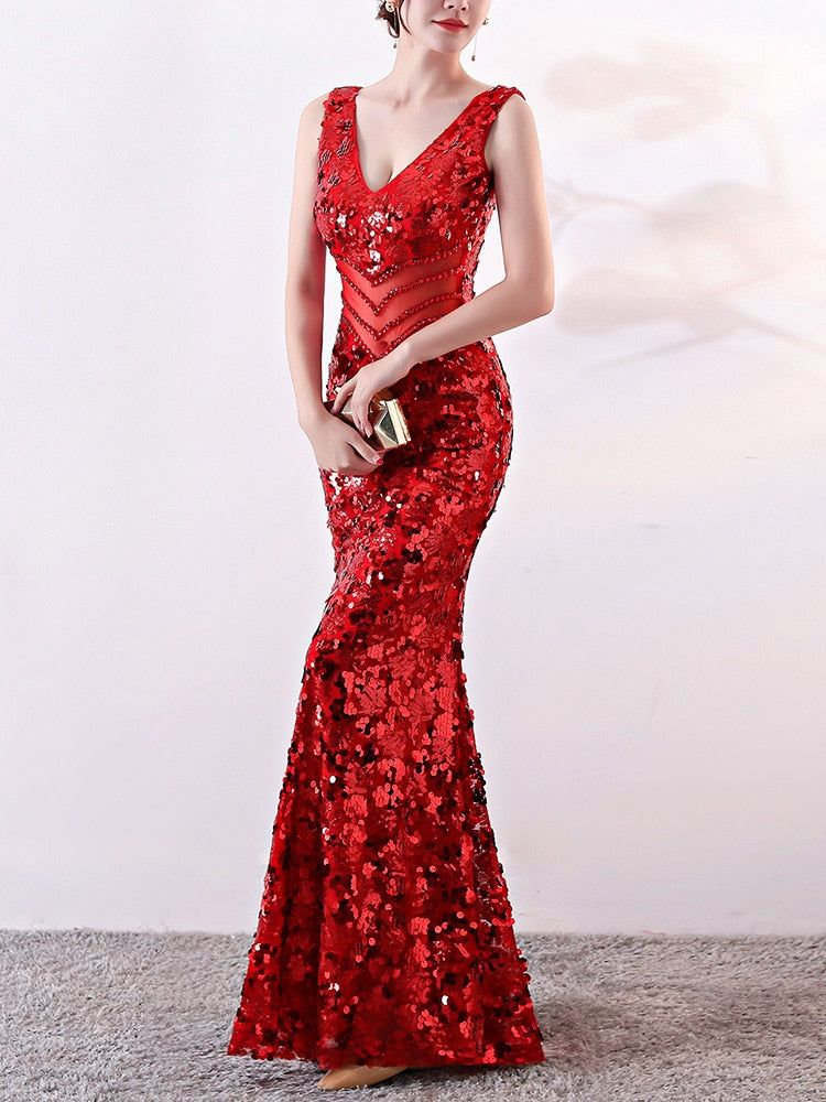 Lady-Apparel Luxury Beaded Glitter Red Evening Gown Women Stylish Sexy Belly Sheer Gauze V-neck Low-cut Fishtail Dress