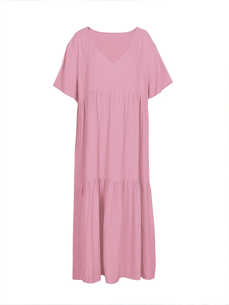 Damen Übergröße Lässiges lockeres V-Ausschnitt Einfarbiges langes Kleid Frühling Sommer Plissee Big Size Damenkleid