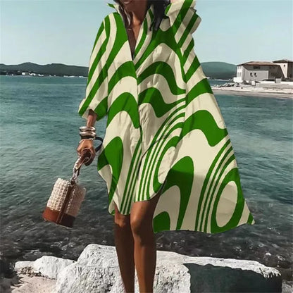 Autumn Dress  New Fashion Leisure Grace Printed Lapel Long Sleeve Loose Party Beach Women Shirt Dresses MsChuh