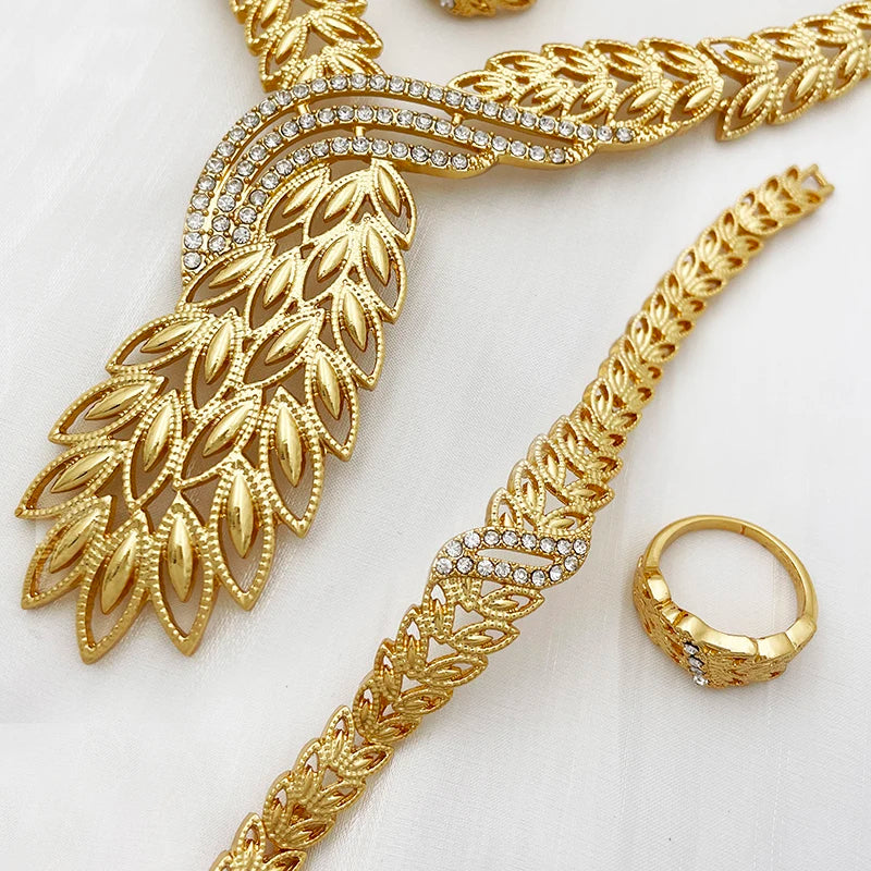 Elegant Women Jewelry Set 18k Gold Plated Plant Leaf Necklace Earrings Ring Bracelet Dubai Set Jewelry For Wedding Party Gift