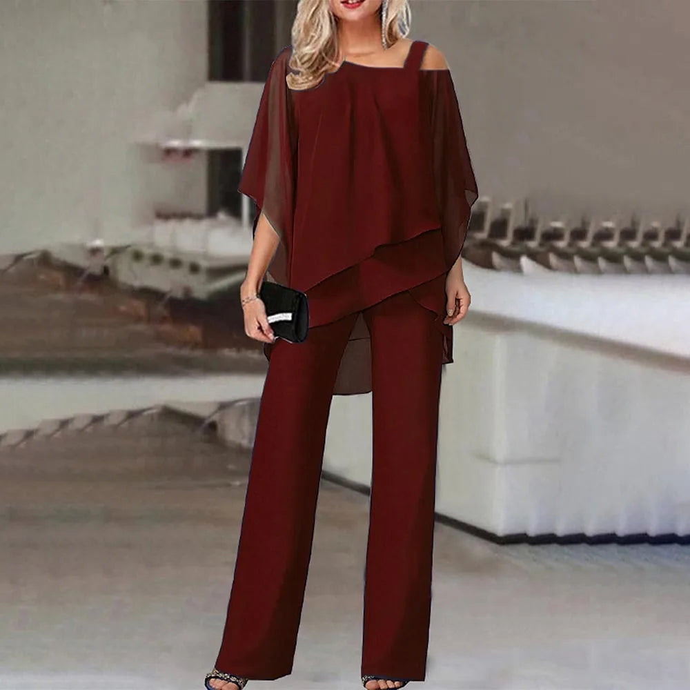 Women Trousers Sets Two Pieces Sale Sexy Off Shoulder Half Batwing Sleeve Blouse&OL Wide Leg Loose Pant Suits NMD-6666