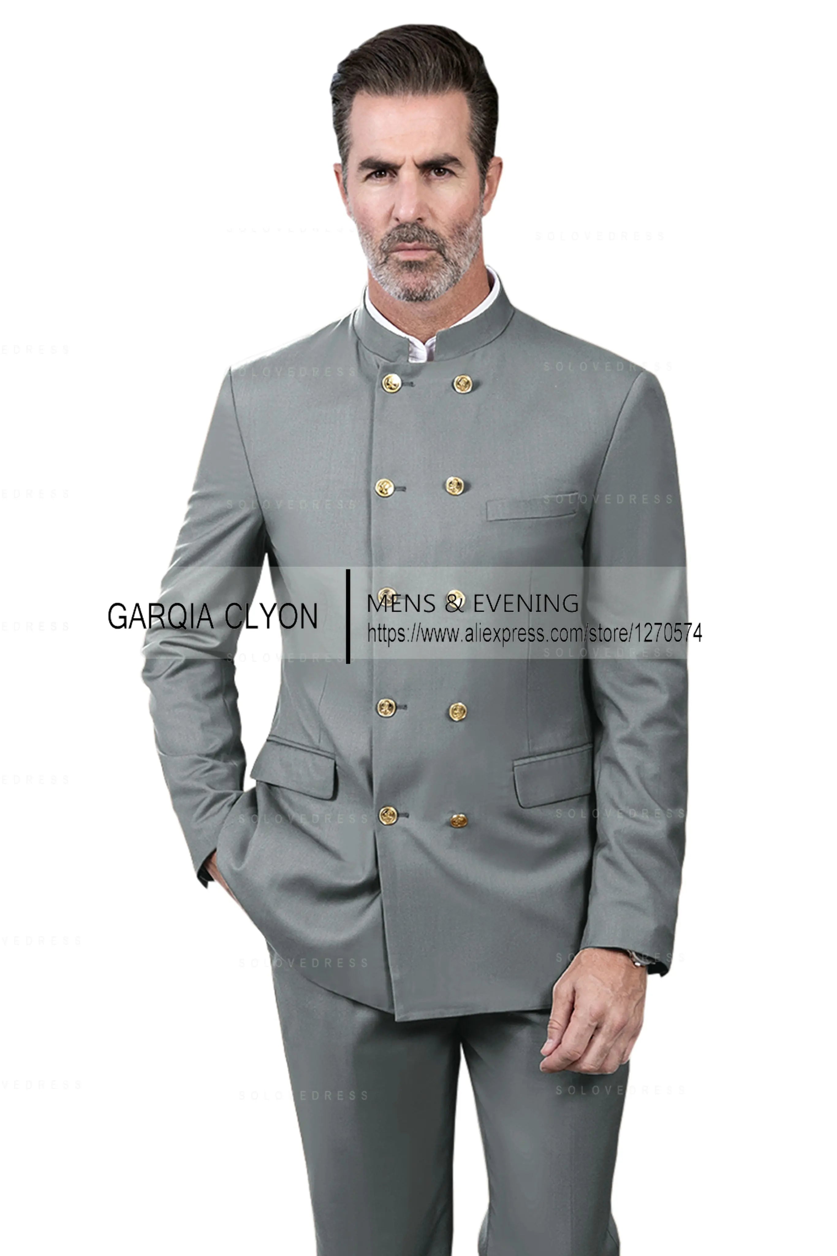 2 Piece Stand Collar Double-Breasted Chinese Style  Men's Suits With 3 Real Pocket Wedding SuitsTailored Fit (Blazer+Pants)