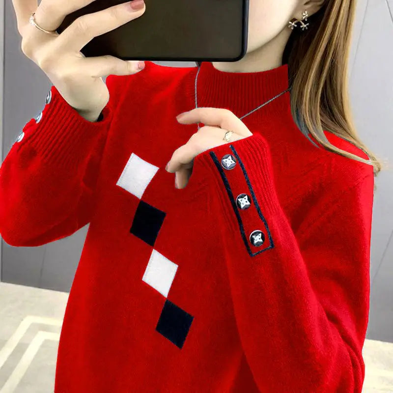 Autumn Winter Color Block Knitted Sweater Pullovers Women's Clothing 2023 New Fashion Long Sleeved All-Match Casual Female Tops