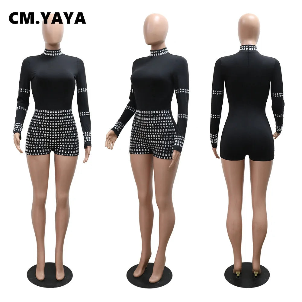 CM.YAYA Women Diamonds Hot Rhinestones Long Sleeve Short Jumpsuits 2024 Summer Sexy Party Club One Piece Suit Rompers Playsuits