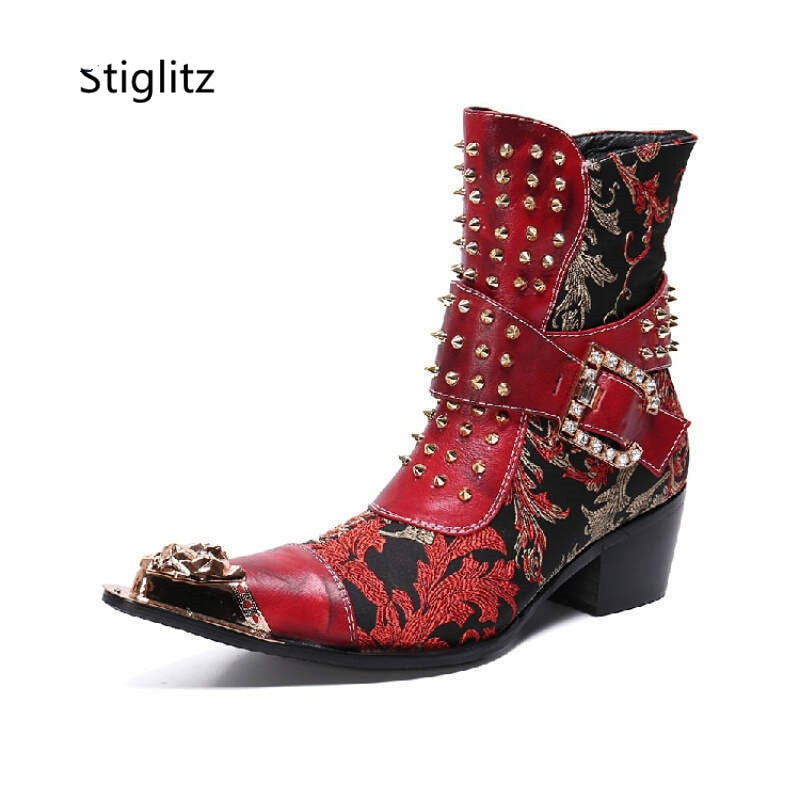 Metal Buckle Embroidery Rivet High-Heeled Ankle Boots for Men Western Knight Boots Iron Pointed Toe Men's Shoes Chelsea Boots