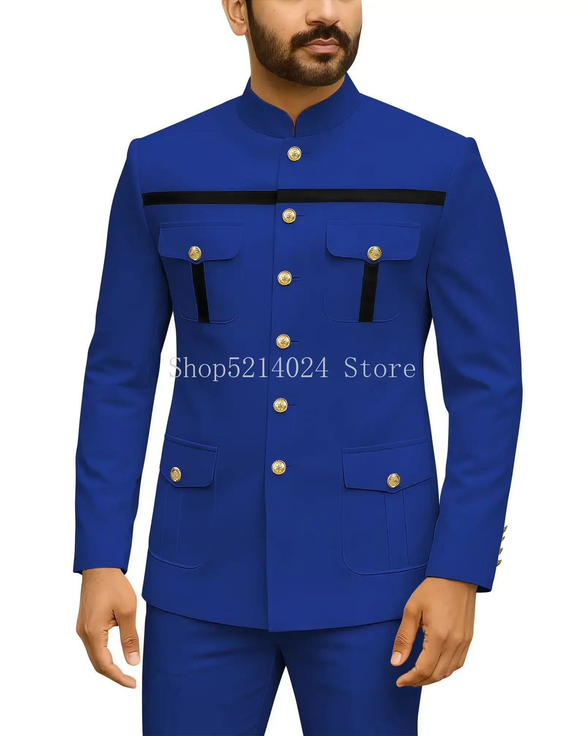 Herren Safari-Anzug 2-teilig Regular Fit Chinakragen Goldknopf Blazer Hose Set Afrikanische Outfits
