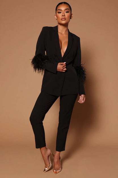 CM.YAYA Vintage Women Fur Hem Long Sleeve Blazer Suit and Pants  Chic OL Fashion Two 2 Piece Set Outfits Basic Tracksuit
