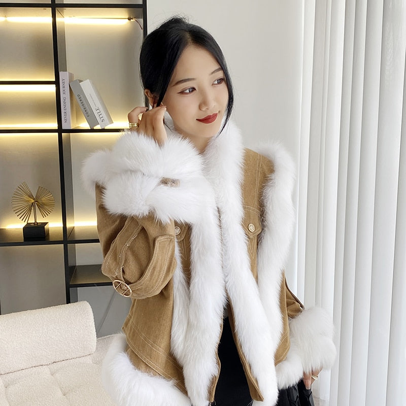 2023 Winter New Imported Fox Fur Denim Coat White Goose Down Jacket Loose Female Short Top