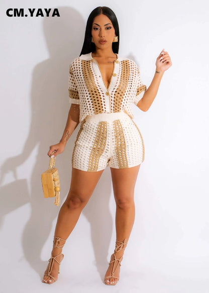 CM.YAYA Knit Ribbed Crochet Patchwork Women's Set Short Sleeve Shirt Sweater + Shorts Suit  Two 2 Piece Set Outfit Tracksuit