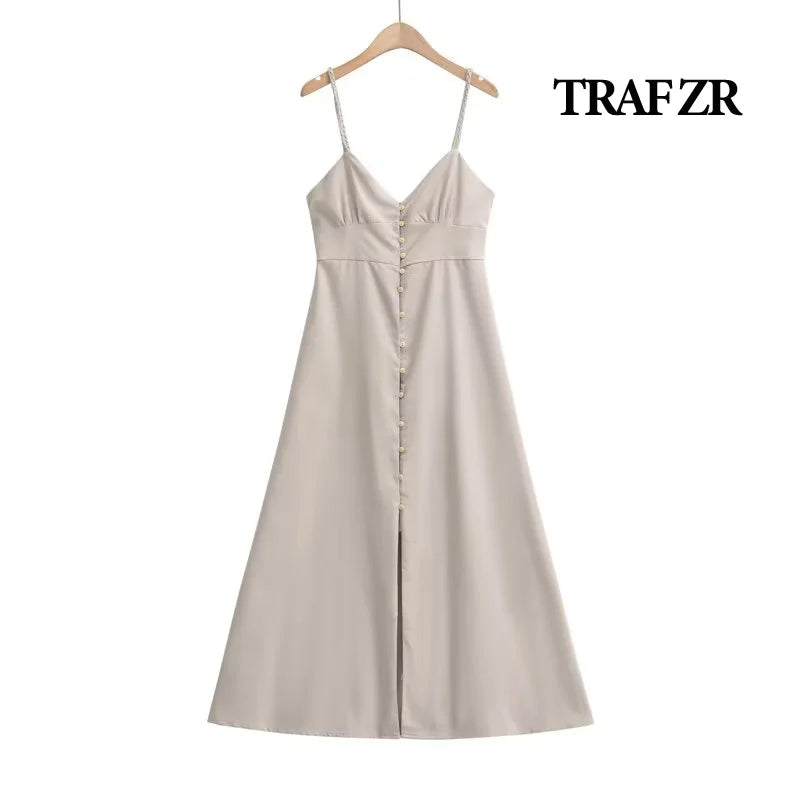 Sivatu Traf Linen Dress Women Strapless V Neck Solid High Quality Midi Vintage Chic and Elegant Y2k Sundress Women's Dresses