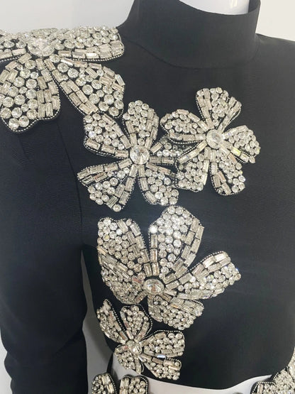 Sexy Long Sleeves Bandage 2-Piece Sets Women Turtleneck Shiny Diamonds Flower Top + Bodycon Mini  Skirts Suits Evening Party Set