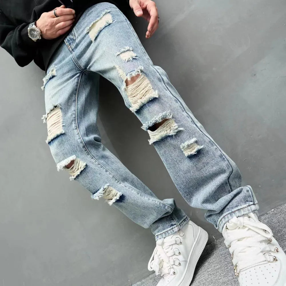 New Simple Men Loose Ripped Straight Jeans Pants Male Streetwear Stylish Casual Denim Trousers