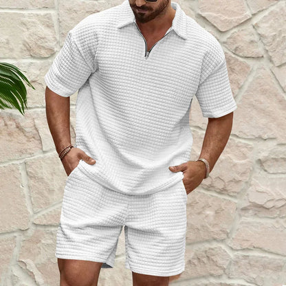European and American Men's Spring and Summer Trends Youth Outdoor Lapel Small Plaid Short Sleeve Shorts Sports Suit