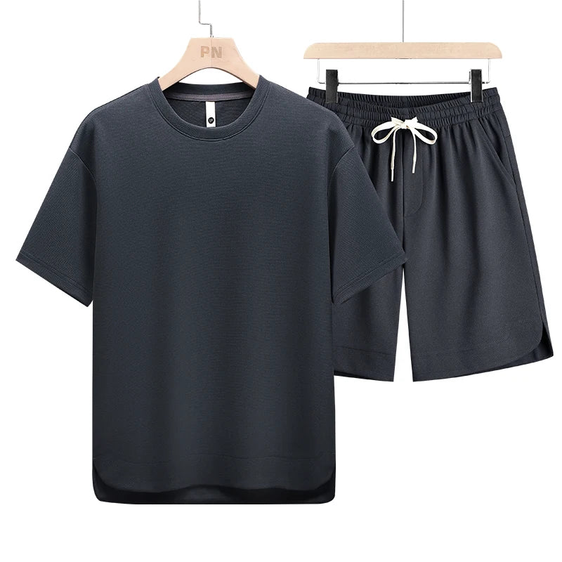 T Shirt Men Set Shorts Suit Oversize 6XL 7XL 8XL Plus Size Quick Dry Silk Short Sleeve Summer T-shirts Fashion Sportswear Loose