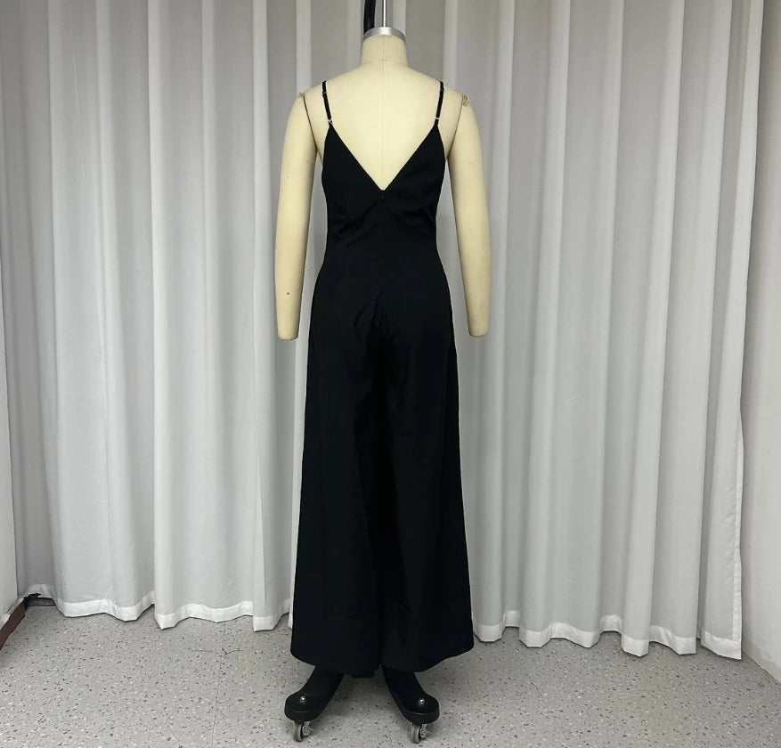 Jumpsuit Fashion Casual New 2024 Women's V-Neck Suspender Solid Color Wide Leg Jumpsuit Black