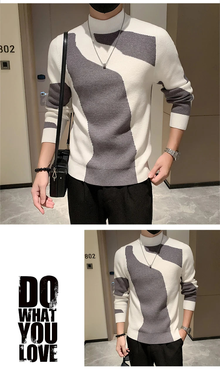 2023 Autumn/Winter Colored Half Turtleneck Sweater Men Long Sleeve Slim Fit Casual Pullover Social Underlying Knitwear Tops