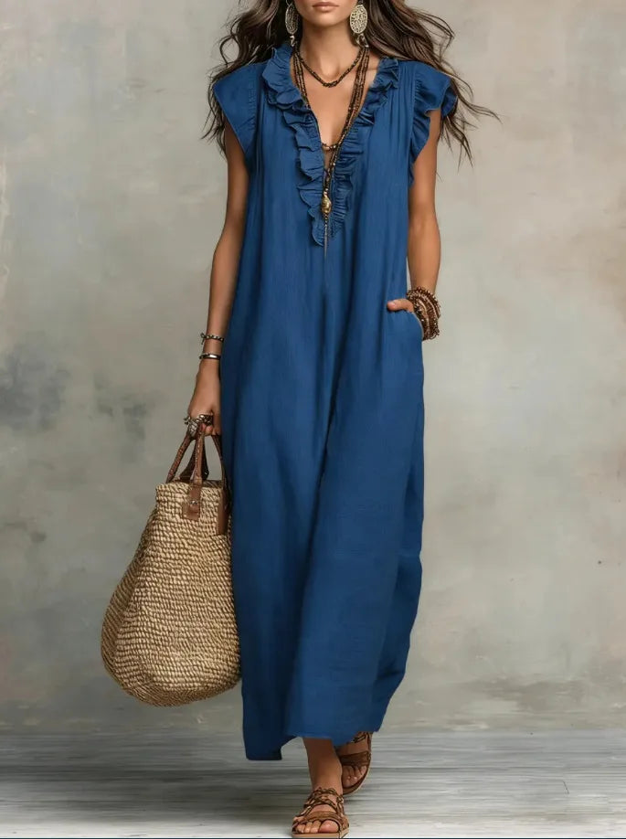 Women's Retro Bohemian Ruffle Linen Maxi Dress, Ruffle V-Neck Sleeveless Loose Summer Dress with Pockets, Summer Casual High-Waist Loose Beach Maxi Dress, Sunny Dress with Flutter Sleeves and Floor-Length Skirt